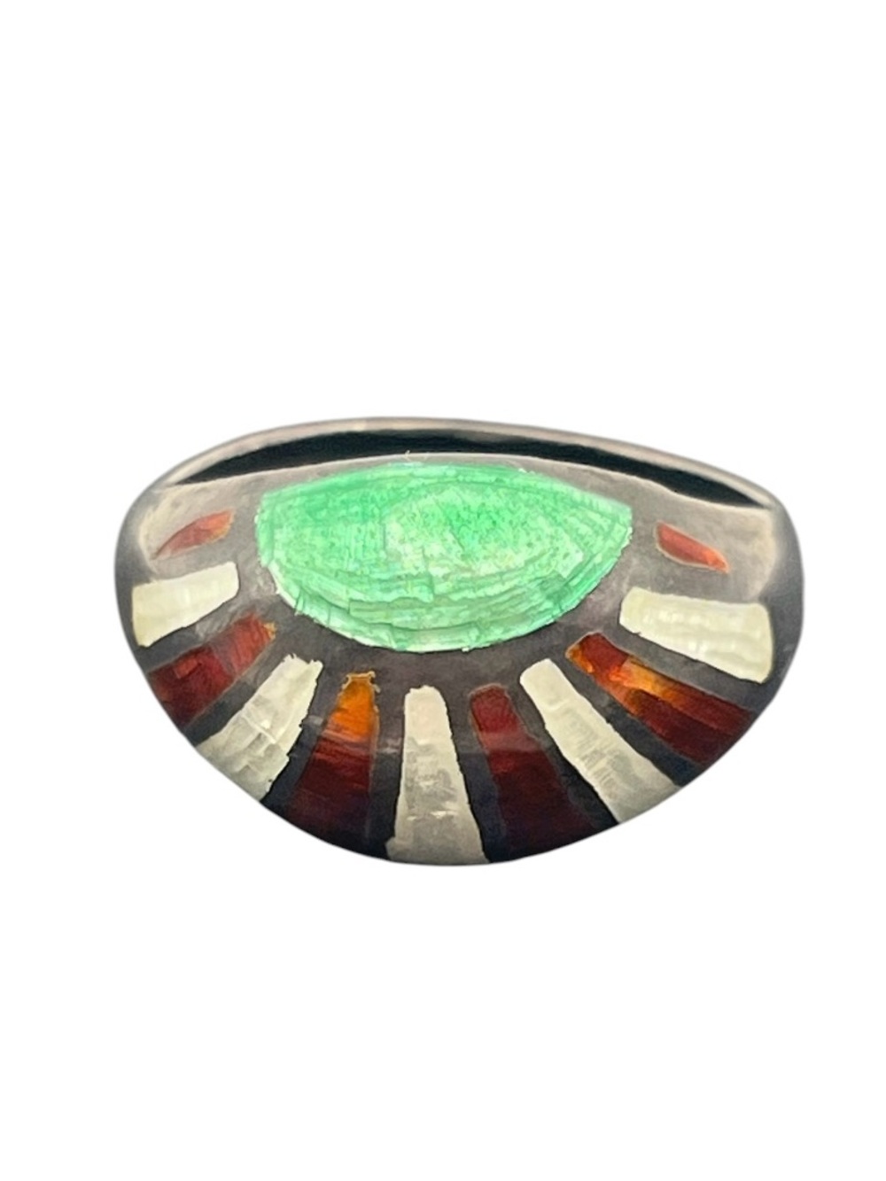Guilloche painted enamel sunburst sterling silver dome ring sz 9 red green white